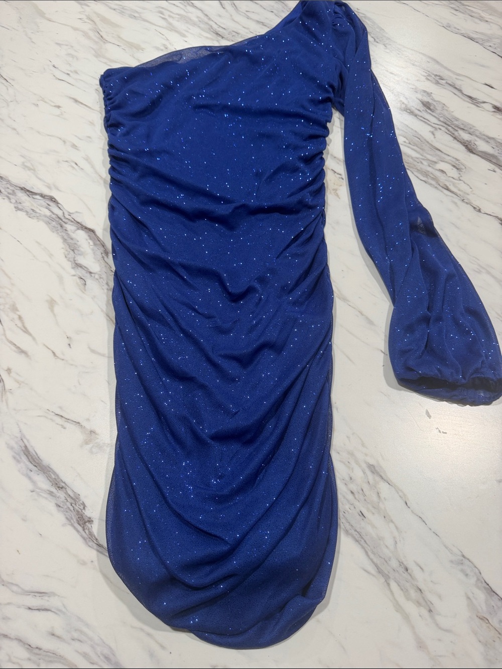 Jump One-Shoulder Sparkling Cobalt Blue Ruched Dress
